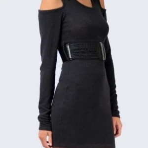 Open sleeve dress with braided leather waist belt