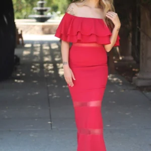 Ruffle Off The Shoulder Maxi Red Dress with Sheer Details