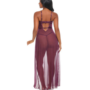 Antonella sheer lace gown in burgundy, front view, Power Play Studio, LLC