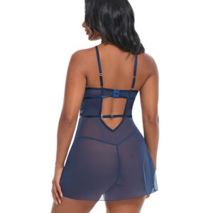 Bleu embroidered plunge babydoll in navy, front view, Power Play Studio, LLC