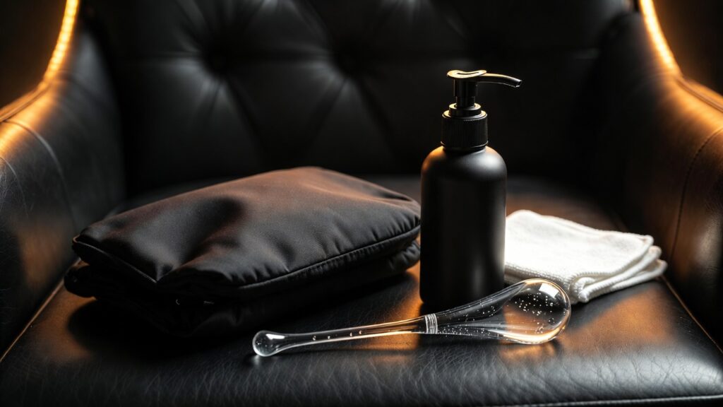 How to clean sex toys: unbranded toy cleaner bottle, black satin storage pouch, white cloth and clear glass wand on black leather - Power Play Studio, LLC