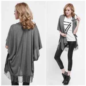 RETRO WRAP Poncho With Fringe Benefits - OLIVE GREEN