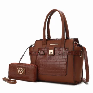 Isla Crocodile Embossed Vegan Leather Women's Satchel Bag- 2 pieces - Power Play Studio, LLC