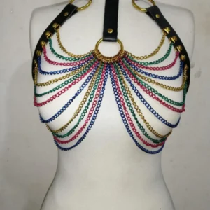 Faux Leather & Rainbow Metallic Chain Harness