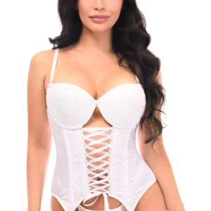 Lavish White Lycra & Lace Hook & Eye Lace-Up Bustier Corset w/Garters