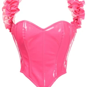 Top Drawer Steel Boned Hot Pink Patent Ruffle Sleeve Bustier Corset - Power Play Studio, LLC
