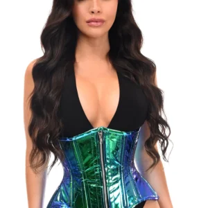 Top Drawer Blue/Teal Holo Double Steel Boned Underbust Waist Cincher Corset - Power Play Studio, LLC