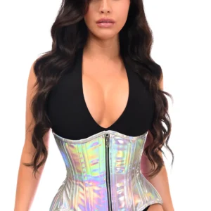 Top Drawer Silver Holo Double Steel Boned Underbust Waist Cincher Corset - Power Play Studio, LLC