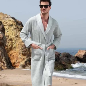 Men's Luxury Long Waffle Bathrobe - Blue-Gray
