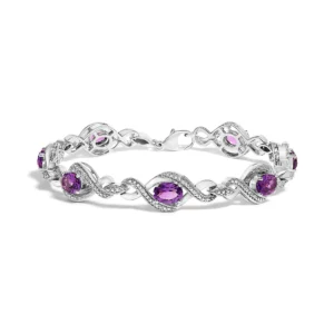 .925 Sterling Silver 1/10 Cttw Natural Round Diamond and 7X5MM Oval Amethyst Cross Tennis Bracelet - Power Play Studio, LLC