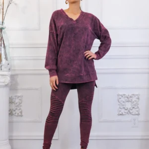 Mineral Wash Long Sleeves Top and Motto Legging Set - Purple