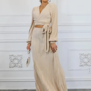 Bubble Sleeves Pleated Cropped Top With Maxi Skirt Set