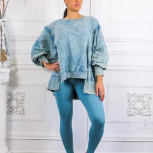Oversized Mineral Wash Pullover With Leggings Set - Blue