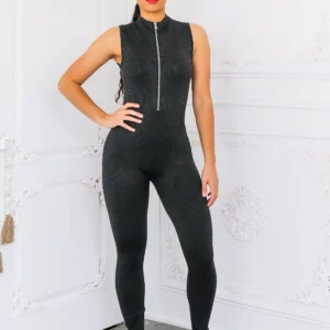 Mineral Wash Front Zipper Snatched Jumpsuit - Black