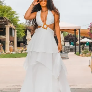 Ruffle Deep V Neckline Maxi Dress - White