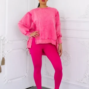 Oversized Mineral Wash Pullover With Leggings Set| - Pink