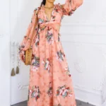 Resort Floral Bubble Sleeves Maxi Dress - orange - Power Play Studio, LLC