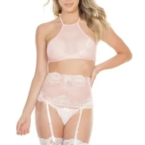 Coquette Crop Halter Top Waist Cincher & Crotchless G-String