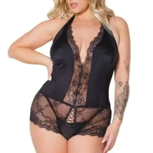Coquette Satin & Lace Crotchless Halter Teddy