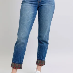 Judy Blue Full Size Plaid Print Cuff Straight Leg Jeans with Pockets - Power Play Studio, LLC