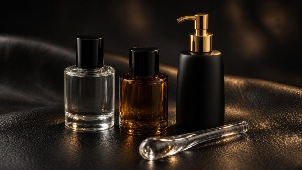 Which Lube to Use With Sex Toys and Condoms: A Plain Guide | Power Play Studio, LLC Which lube to use: three unbranded lube bottles in clear glass, amber and matte black beside a clear glass wand on black leather