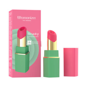 Womanizer Beauty lipstick clitoral stimulator in green & pink, main view, Power Play Studio, LLC